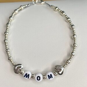 MOM Hearts & Silver Beaded Bracelet
